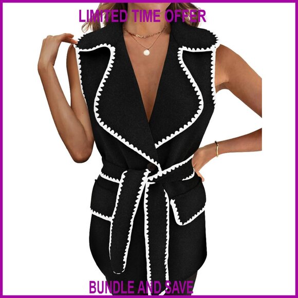 Jackets & Blazers - Tweed Vest Jacket Sleeveless Lapel Button Front Belt Winter Outerwear